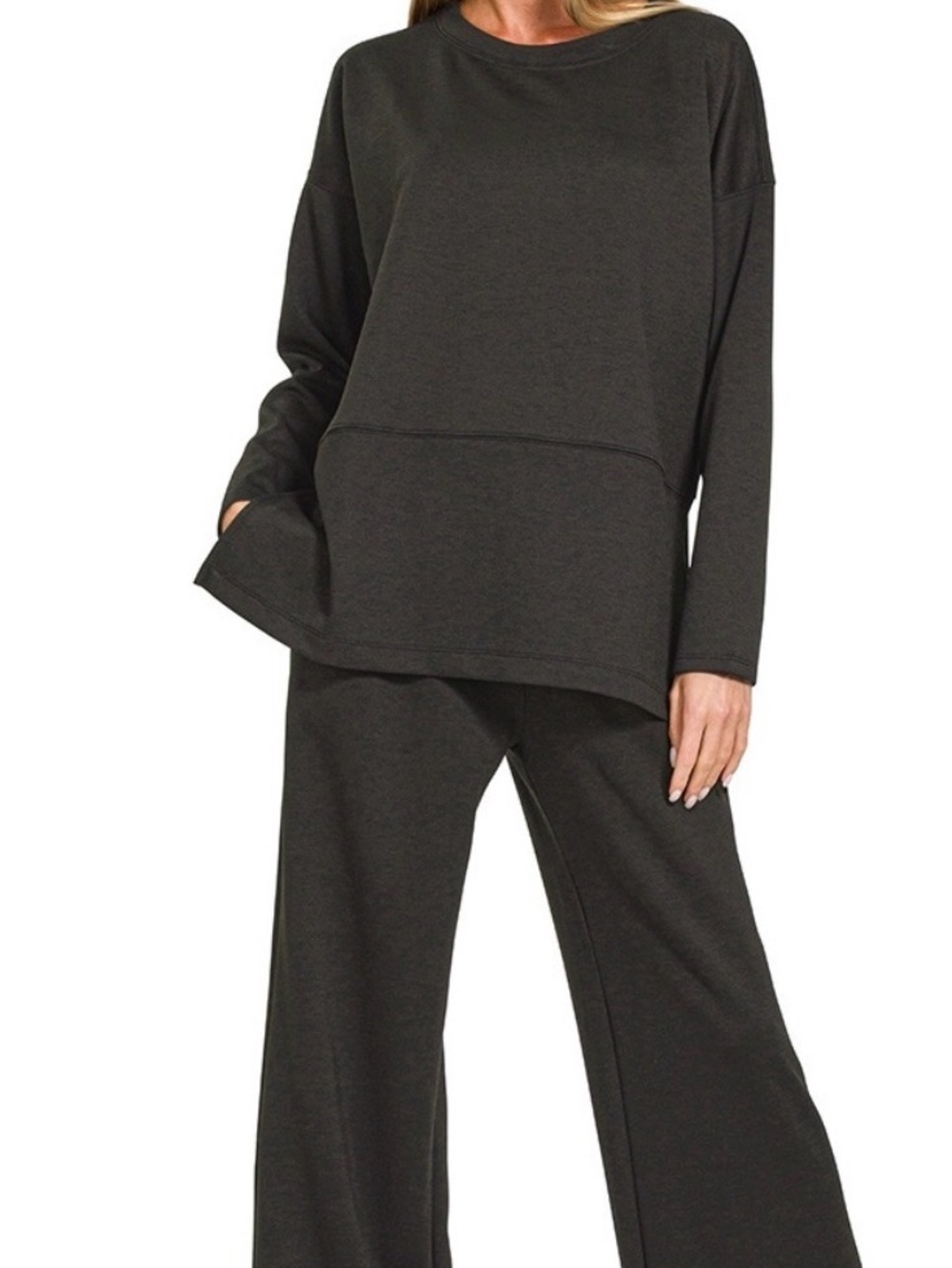 447.Zenana black scuba two piece Lounge Set Long Sleeve Top Wide Leg